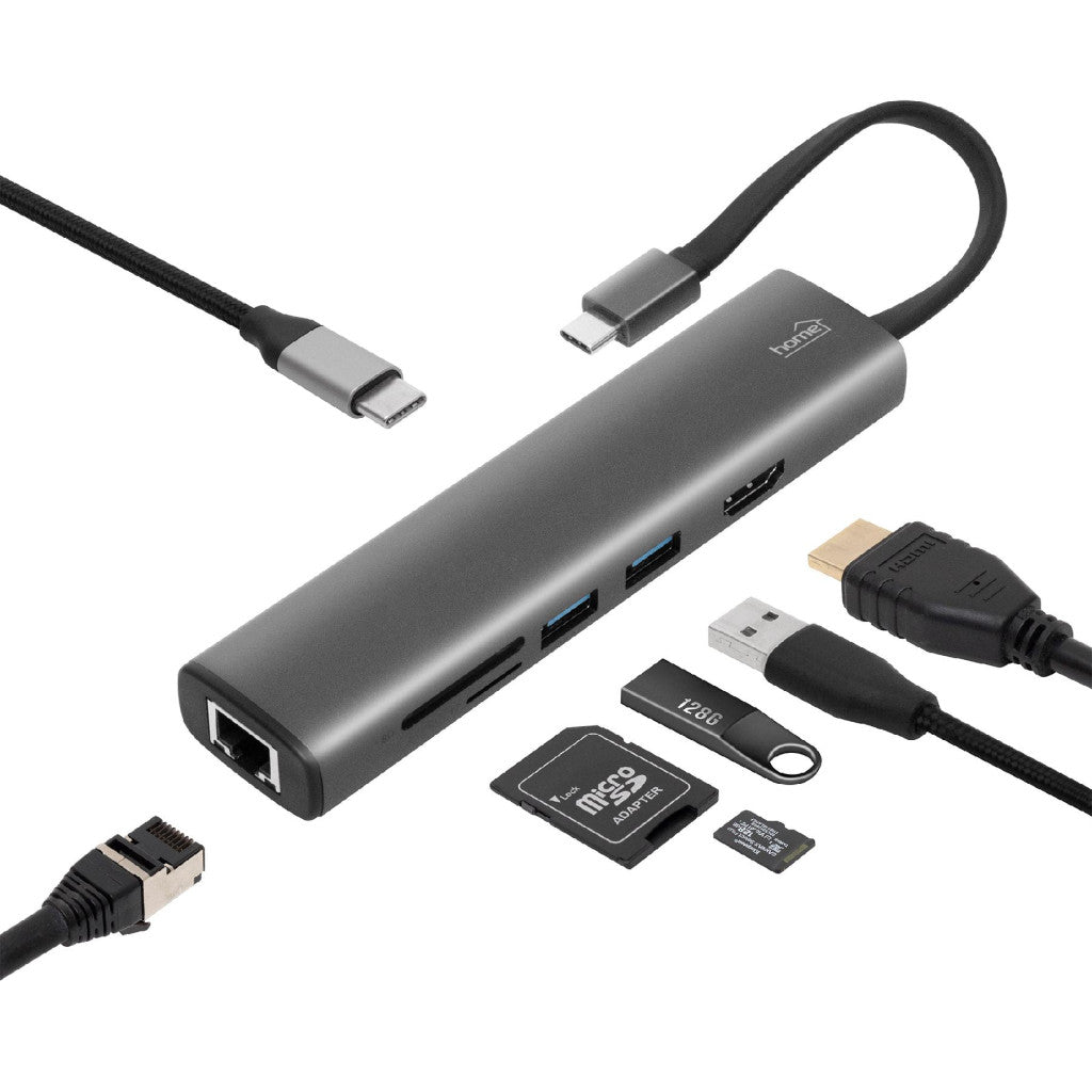 Home USBHUB7 dokkoló állomás, Gigabit RJ45, 4K HDMI HDR, egér, billentyűzet, TF/microSD, SD, 2 TB USB tároló, merevlemez, ~100 W PD, plug & play