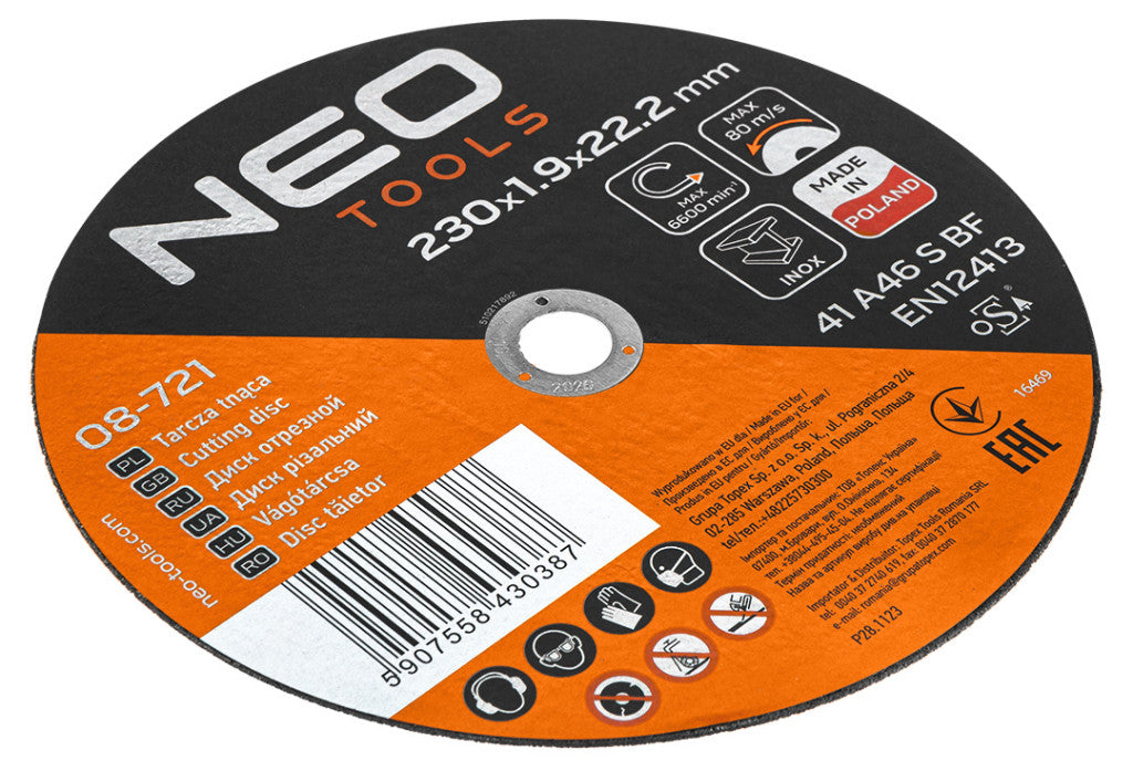 NEO TOOLS Vágókorong, fémhez, 230x1,9x22,2mm, 41A 46 S BF INOX, 25db/cs 08-721