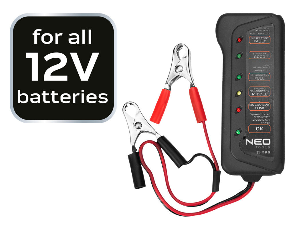NEO TOOLS Akkumulátor teszter, digitális, akku állapot, generátor töltés ellenőrzése 12V 11-986