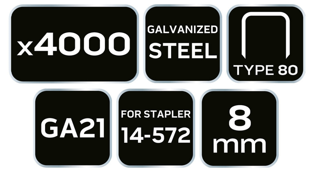 NEO TOOLS Tűzőkapocs, horganyzott 80-as tipus, pneumatikus tűzőgéphez (14-572), GA21, 8mm, 4000db 14-611