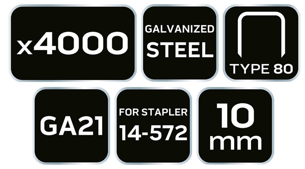 NEO TOOLS Tűzőkapocs, horganyzott 80-as tipus, pneumatikus tűzőgéphez (14-572), GA21, 10mm, 4000db 14-612