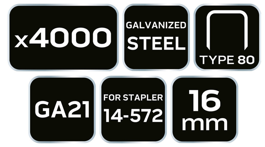 NEO TOOLS Tűzőkapocs, horganyzott 80-as tipus, pneumatikus tűzőgéphez (14-572), GA21, 16mm, 4000db 14-615