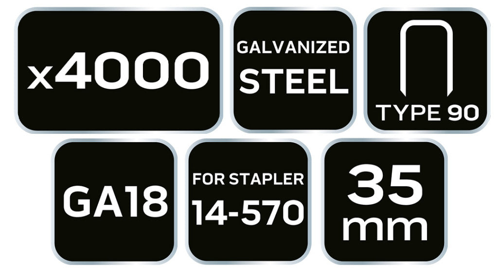 NEO TOOLS Tűzőkapocs, horganyzott 90-es tipus, pneumatikus tűzőgéphez (14-570), GA18, 35mm, 4000db 14-629