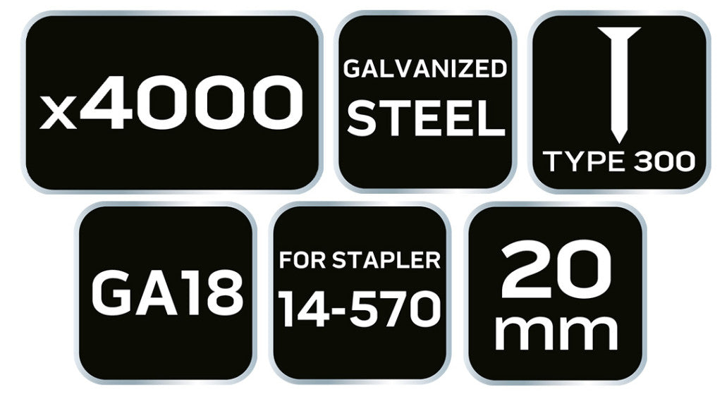 NEO TOOLS Tűzőszeg, horganyzott 300 (F) tipus, pneumatikus tűzőgéphez (14-570), GA18, 20mm, 4000db 14-652