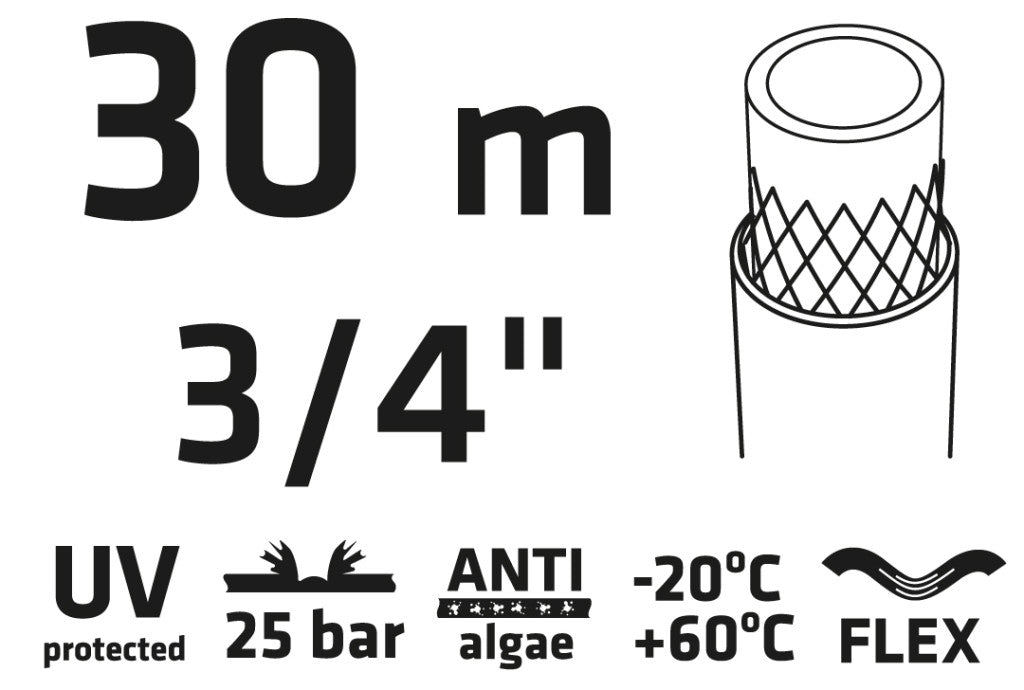 VERTO Locsolótömlő 30 m, 3/4", Professional: csomózódás, csavarodás védelem, UV álló, algásodás védelem 15G824