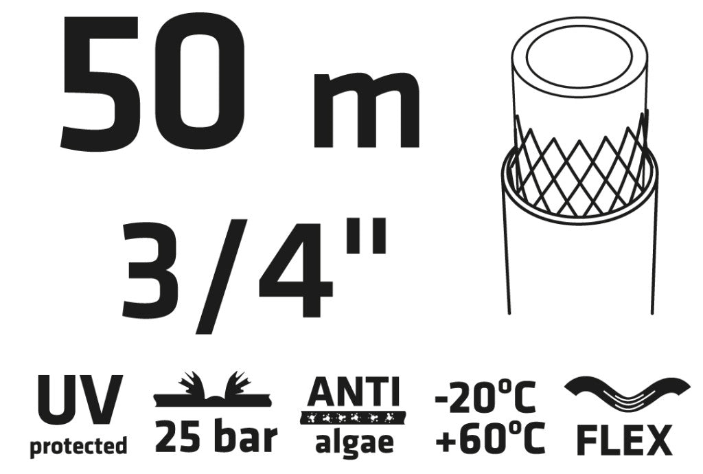 VERTO Locsolótömlő 50 m, 3/4", Professional: csomózódás, csavarodás védelem, UV álló, algásodás védelem 15G825