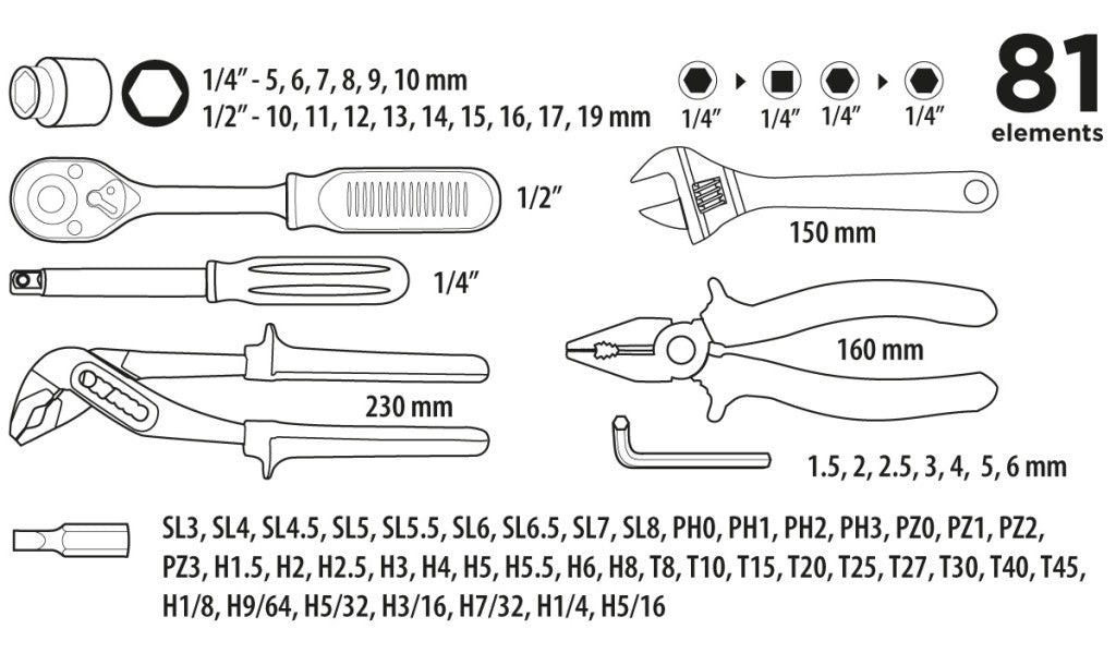 Top Tools Szerszámkészlet 1/4", 1/2" 81db 38D510
