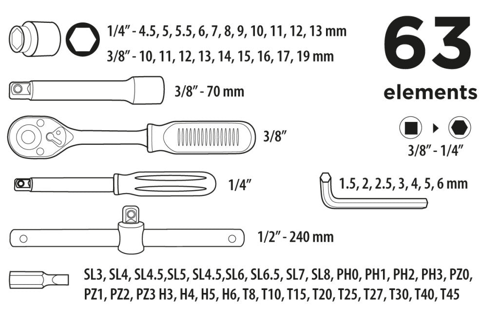 Top Tools Dugókulcskészlet + bitkészlet 3/8", 63db 38D515
