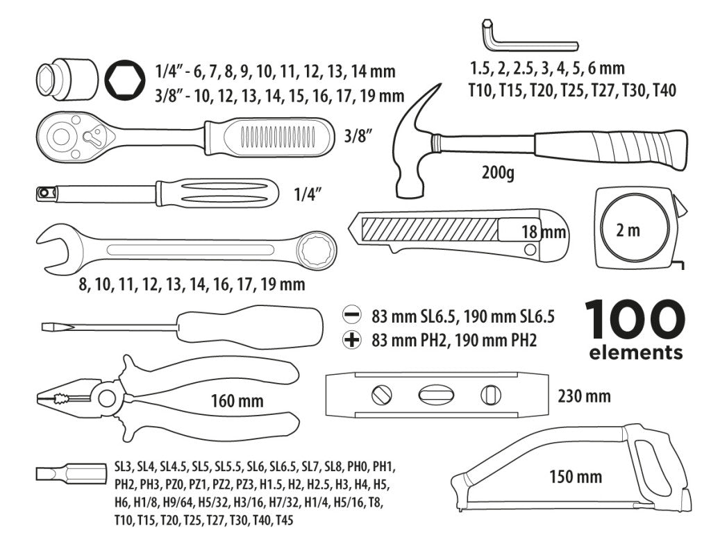 Top Tools Szerszámkészlet 1/4", 3/8", 100db 38D535