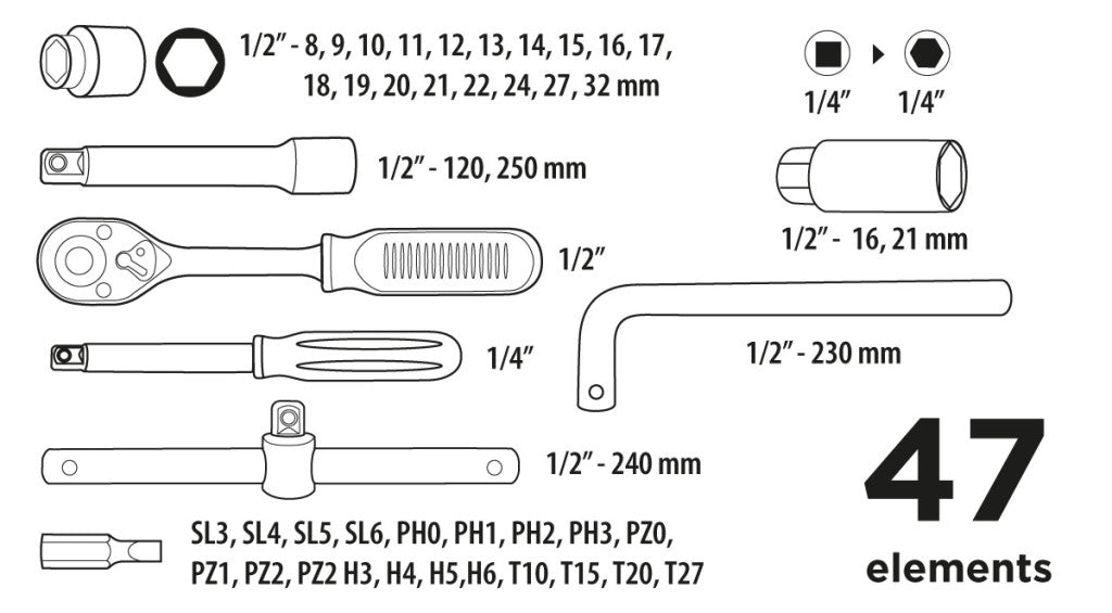 Top Tools Dugókulcskészlet 1/4", 1/2", 47db 38D550
