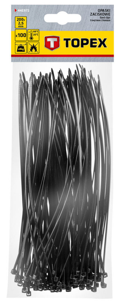 TOPEX KÁBELKÖTEGELŐ, gyorskötöző, 2,5mm x 200mm, fekete, 100db 44E972