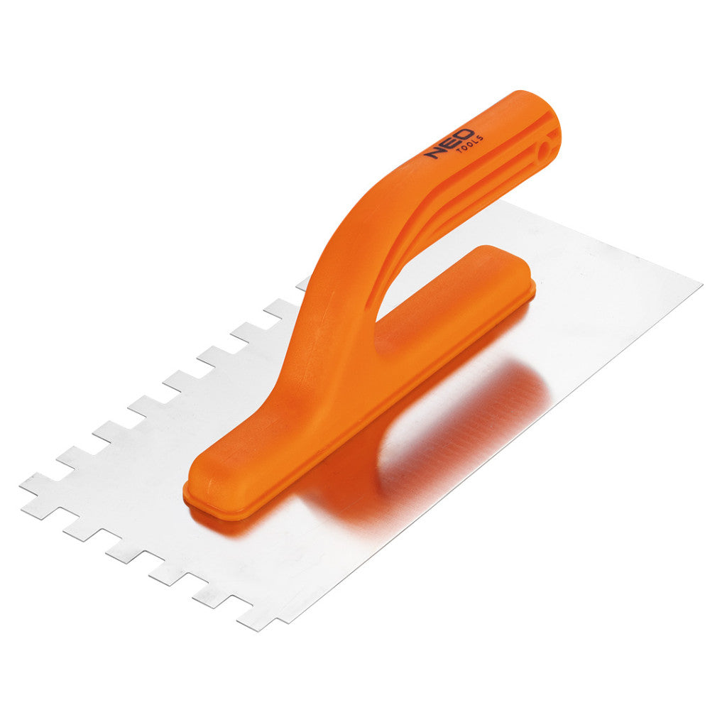 NEO TOOLS Acél simító, fogazott, rozsdamentes, 270x125mm, 10x10x10mm, műanyag markolat 50-202