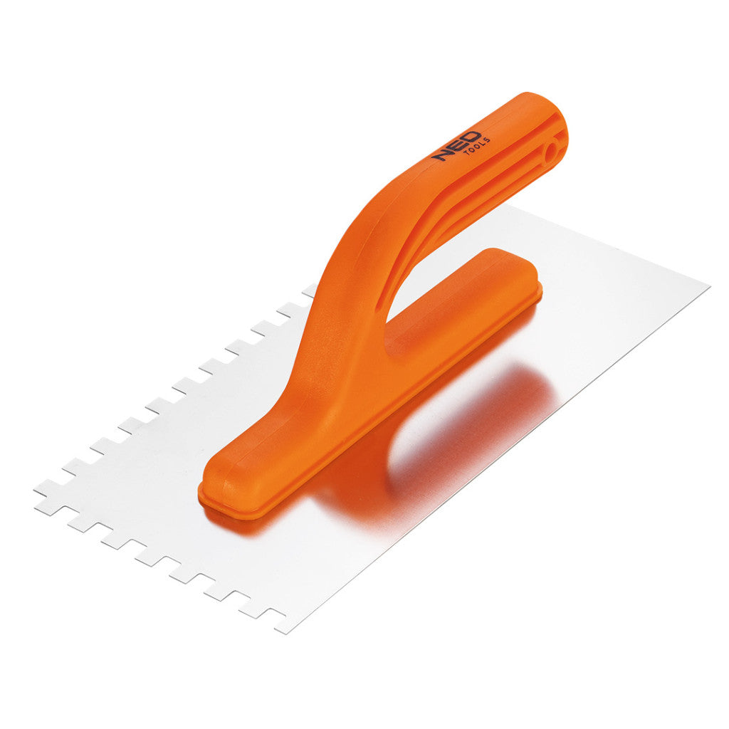 NEO TOOLS Acél simító, fogazott, rozsdamentes, 270x125mm, 8x8x8mm, műanyag markolat 50-203