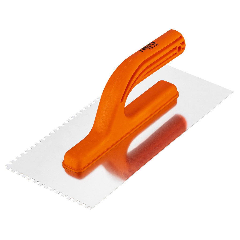 NEO TOOLS Acél simító, fogazott, rozsdamentes, 270x125mm, 4x4x4mm, műanyag markolat 50-205