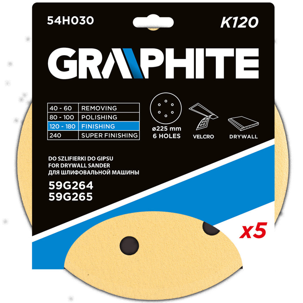 GRAPHITE Tépőzáras csiszolópapír 225mm, K120, 5db, 6 lyukakkal az 59G264, 59G265 csiszológéphez. 54H030