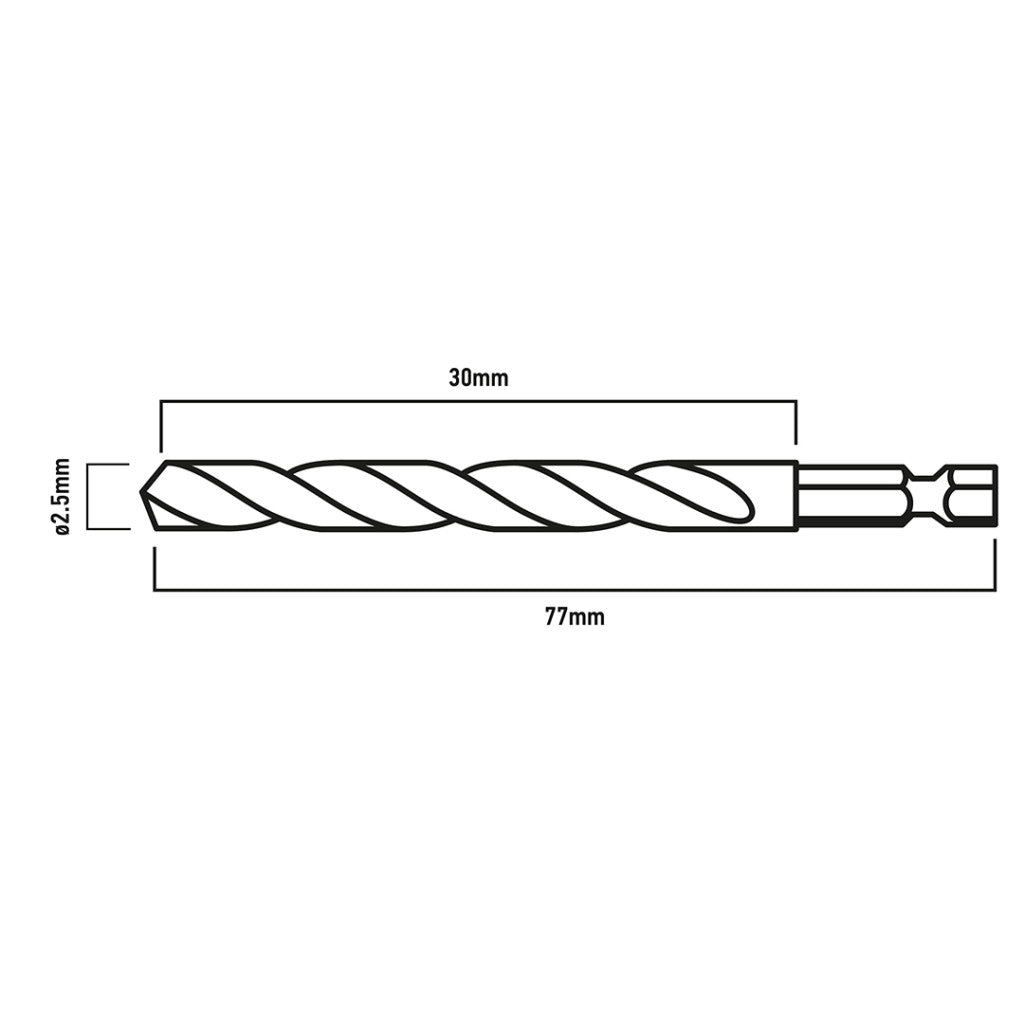 GRAPHITE Csigafúró, 1/4" hatszög szárral, HSS DIN 338, 2,5mm, 2db/cs 54T701