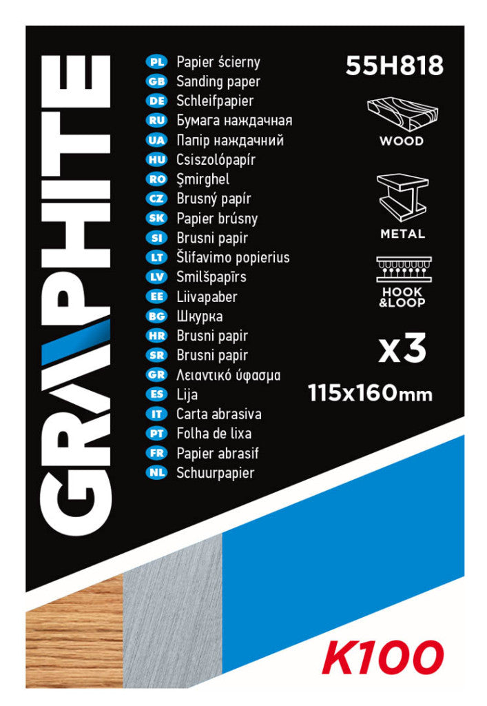 GRAPHITE Csiszolópapír, tépőzáras, K100, 115x160mm, 3db 55H818