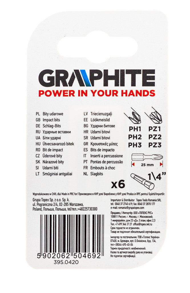 GRAPHITE Torziós ütvecsavarozó bit PH1/2/3, PZ1/2/3x25mm, 6db 56H540