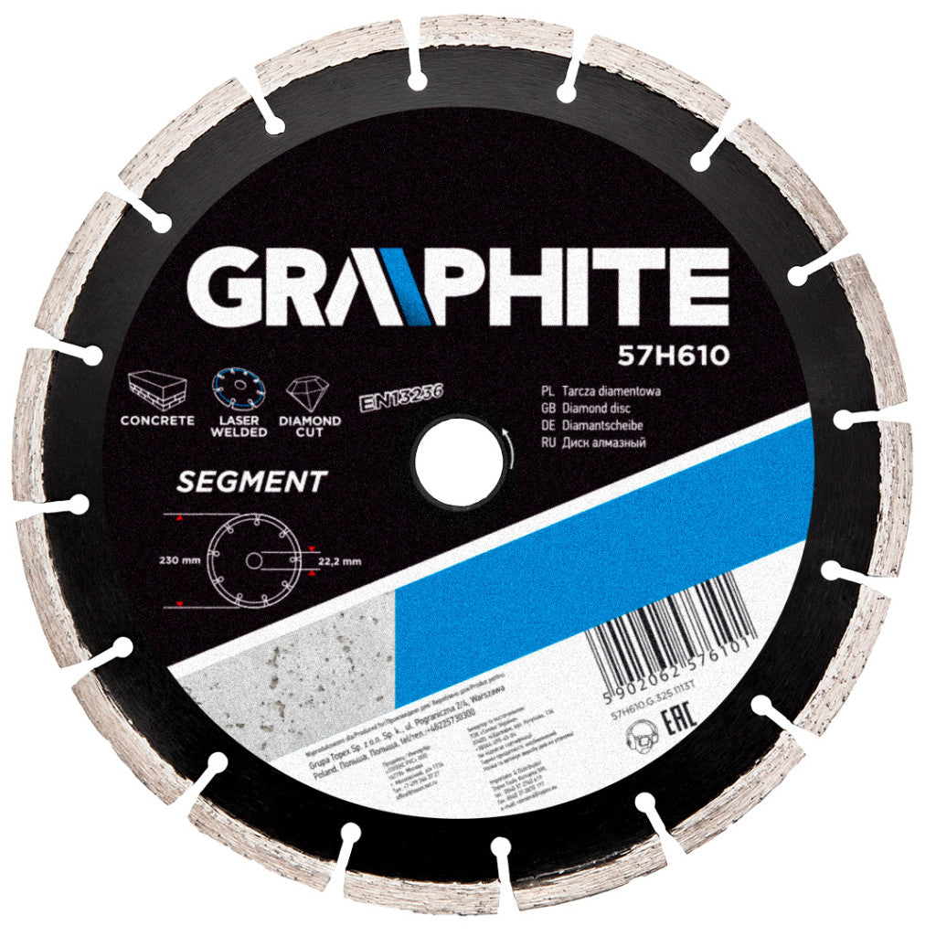 GRAPHITE Gyémánt vágókorong 230MM SZEGMENSES LÉZER HEGESZTETT, 8mm szegmens 57H610