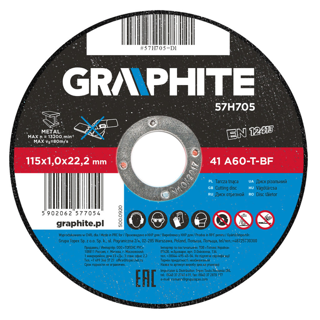 GRAPHITE Vágókorong fémhez 115x1.0x22mm, 41 A60-T-BF 57H705