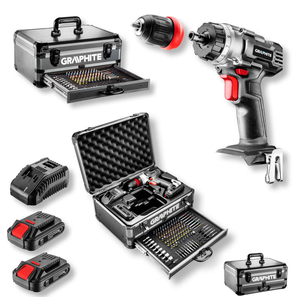GRAPHITE Akkus fúró Energy+, 2db akku+töltő!, 18V/2Ah, 10mm + alu koffer + 109 kiegészítő, levehető fúrótokmány 3 év garanciával 58G022-PS15