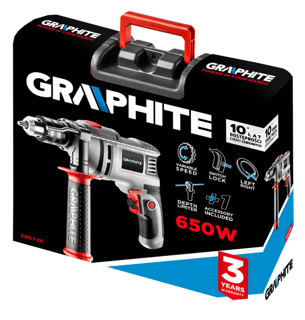 GRAPHITE Ütvefúró 650W, 0-3000/min, 13mm fogastokmány, koffer 3 év garanciával 58G726