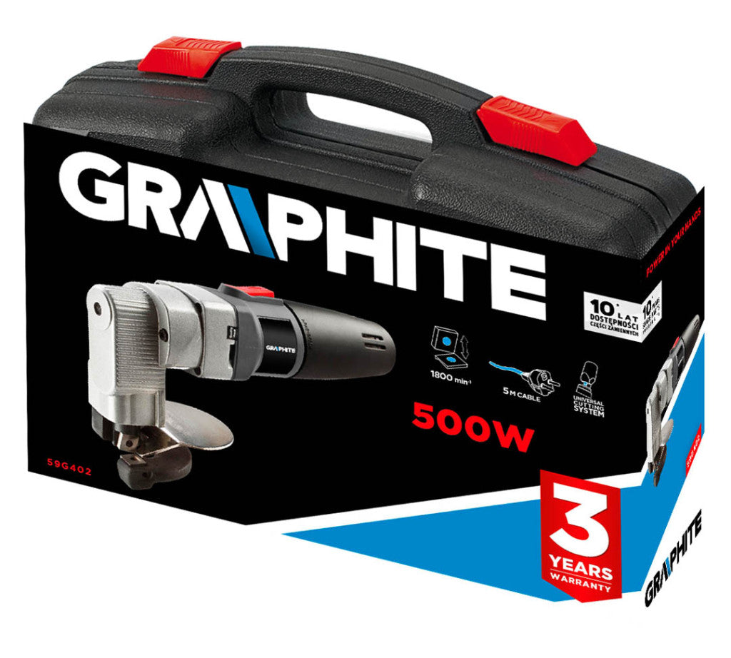 GRAPHITE LEMEZVÁGÓGÉP, lemezolló 500W, síklemezekhez. Egyenes és ív vágásra is alkalmas. Kofferben. 3 év garanciával 59G402
