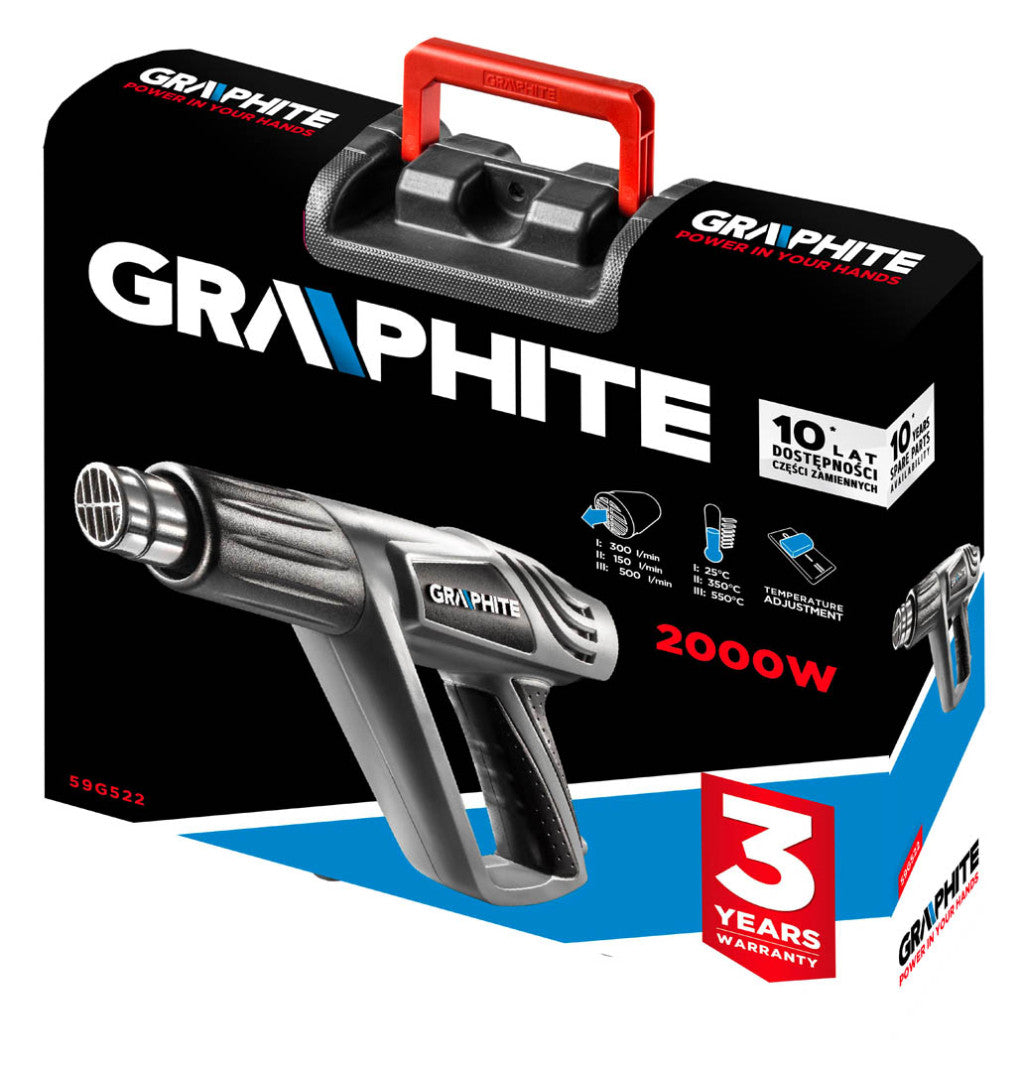 GRAPHITE Hőlégfúvó 2000W, I:50C, II: 350C, III: 550C, kofferben 5db kiegészítővel 3 év garanciával 59G522