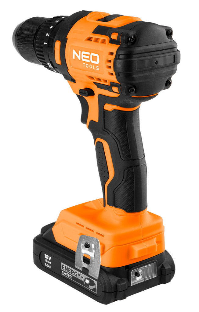 NEO TOOLS Akkus szénkefementes fúró, csavarozó, ütvefúró, Energy+, 18V Kompakt méret, 13mm fém tokmány, akku nélkül 3 év garanciával 04-619