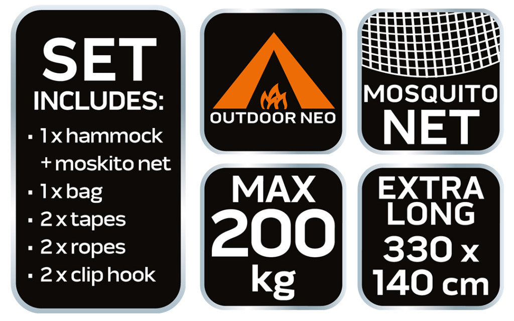 NEO TOOLS Függőágy szúnyoghálóval 330x140cm, 210T nylon, maxterhelhetőség 200kg, sötétzöld 63-123