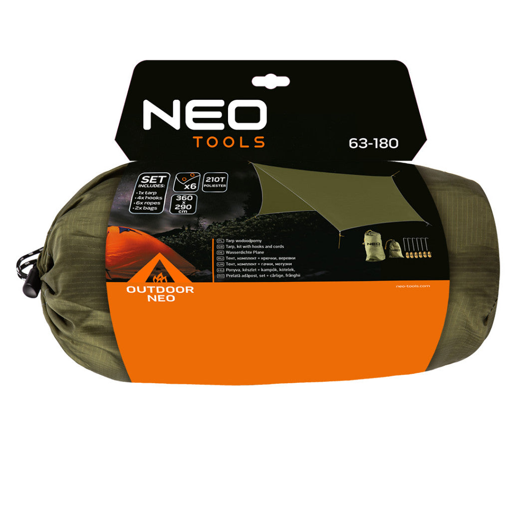 NEO TOOLS TÚLÉLŐ KEMPING PONYVA, VíZÁLLÓ, 360X290CM, 210T/2000PU ANYAG, HORGOK, KÖTELEK, 2 SZÁLLíTÓZSÁK 63-180