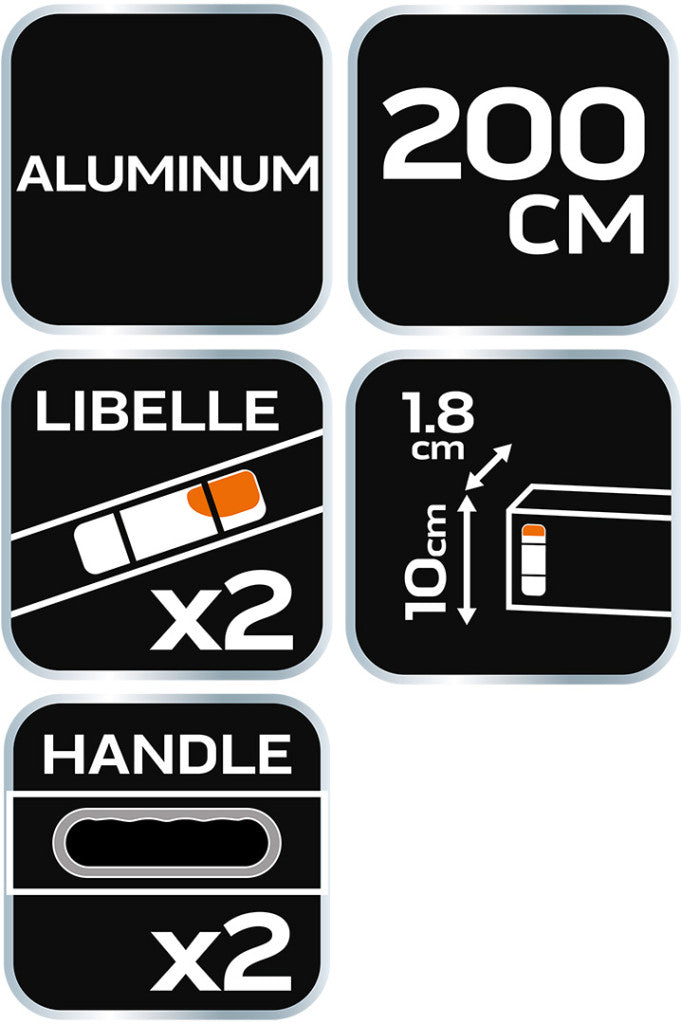 NEO TOOLS Ölesléc, 200cm- 2 libella, vízszintes, függőleges, 2 fogantyú, Minimum rendelés: 3db 72-543