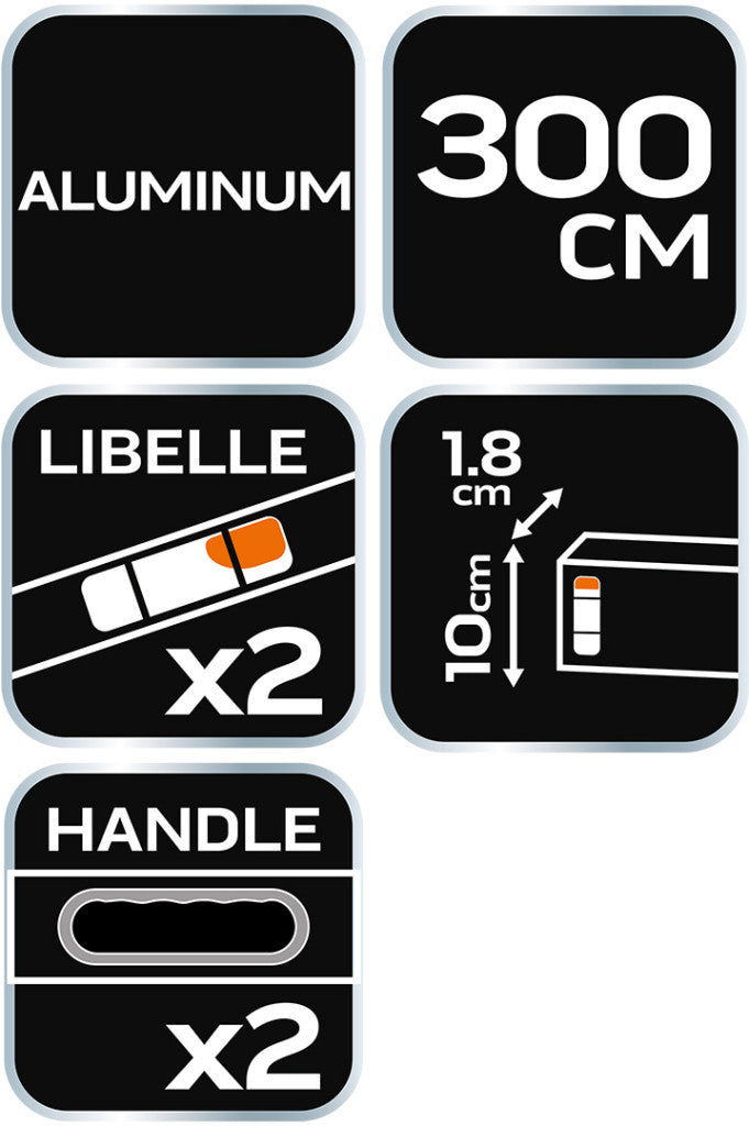 NEO TOOLS Ölesléc, 300cm- 2 libella, vízszintes, függőleges, 2 fogantyú, Minimum rendelés: 3db 72-545