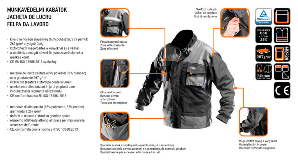 NEO TOOLS Munkavédelmi kabát, HD, S/48 65% poliészter, 35% pamut, 267g/m2, vékony fényvisszaverő csíkok 81-210-S