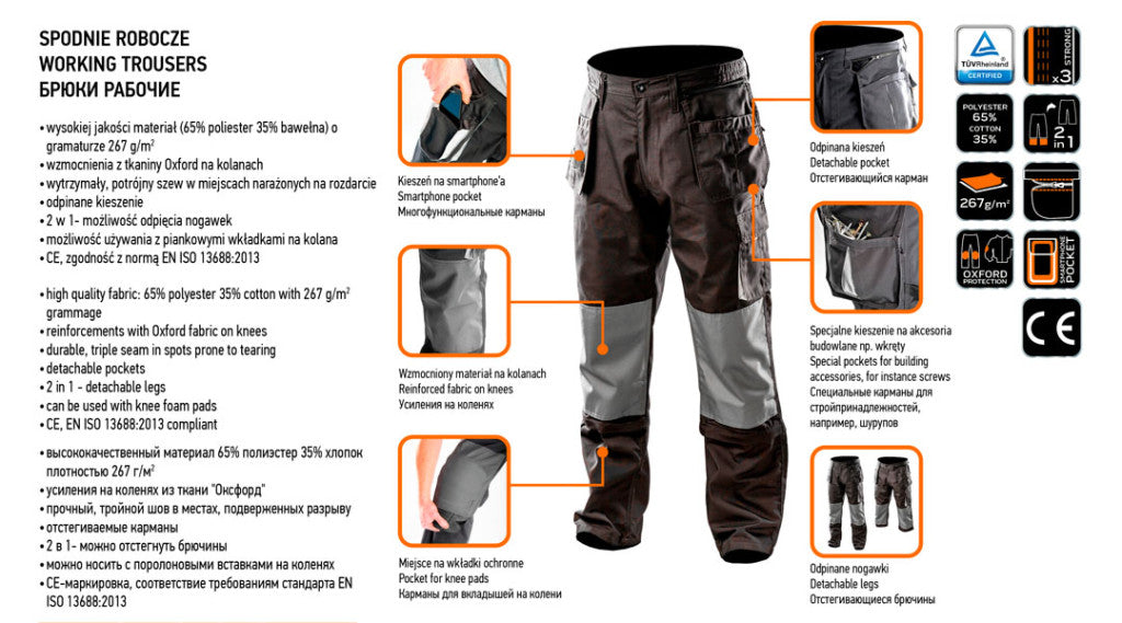 NEO TOOLS Munkásnadrág, HD, M/50 65% poliészter, 35% pamut, 267g/m2, térdprotektor zseb, térd alatt lezippzározható, M 81-230-M