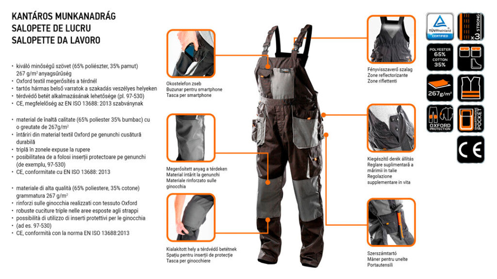 NEO TOOLS Kantáros Munkásnadrág, HD, XXL/58 65% poliészter, 35% pamut, 267g/m2, térdprotektor zseb, fényvisszaverő, XXL 81-240-XXL