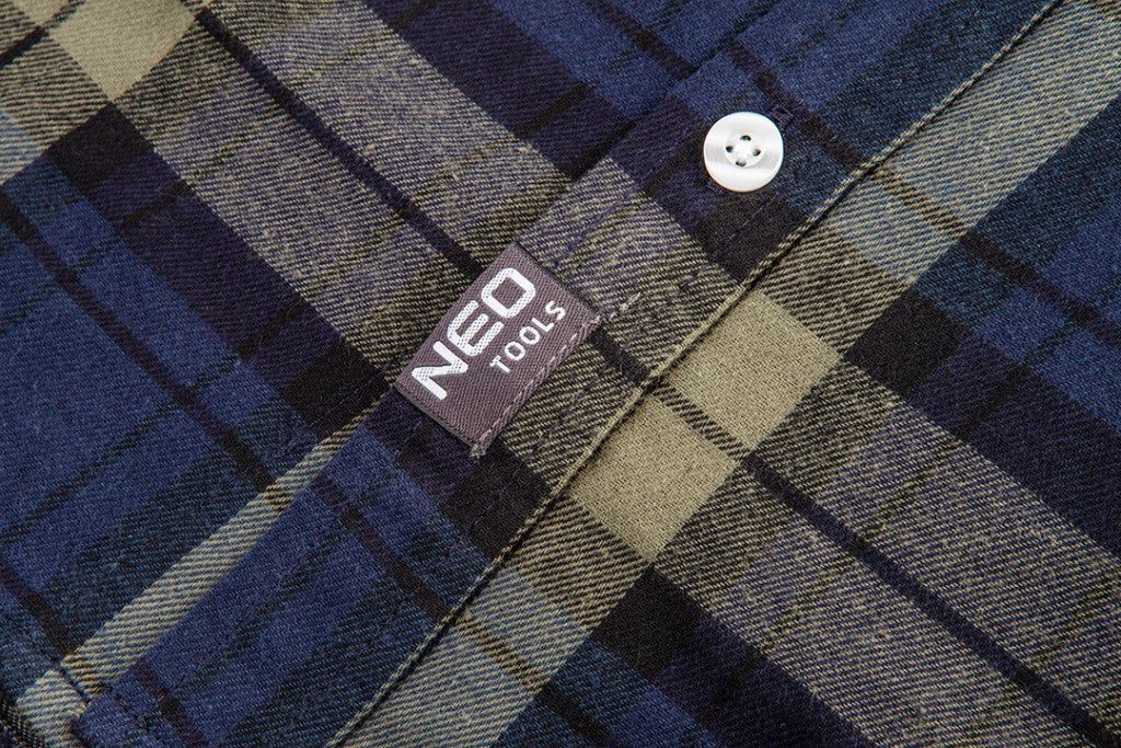 NEO TOOLS Flanel munkaing, kék-oliva-fekete, 100% pamut, L 81-541-L