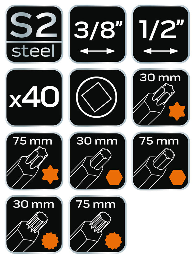 NEO TOOLS Csavarhúzó bitkészlet, hajtószárral 40db 25 év garanciával 06-107