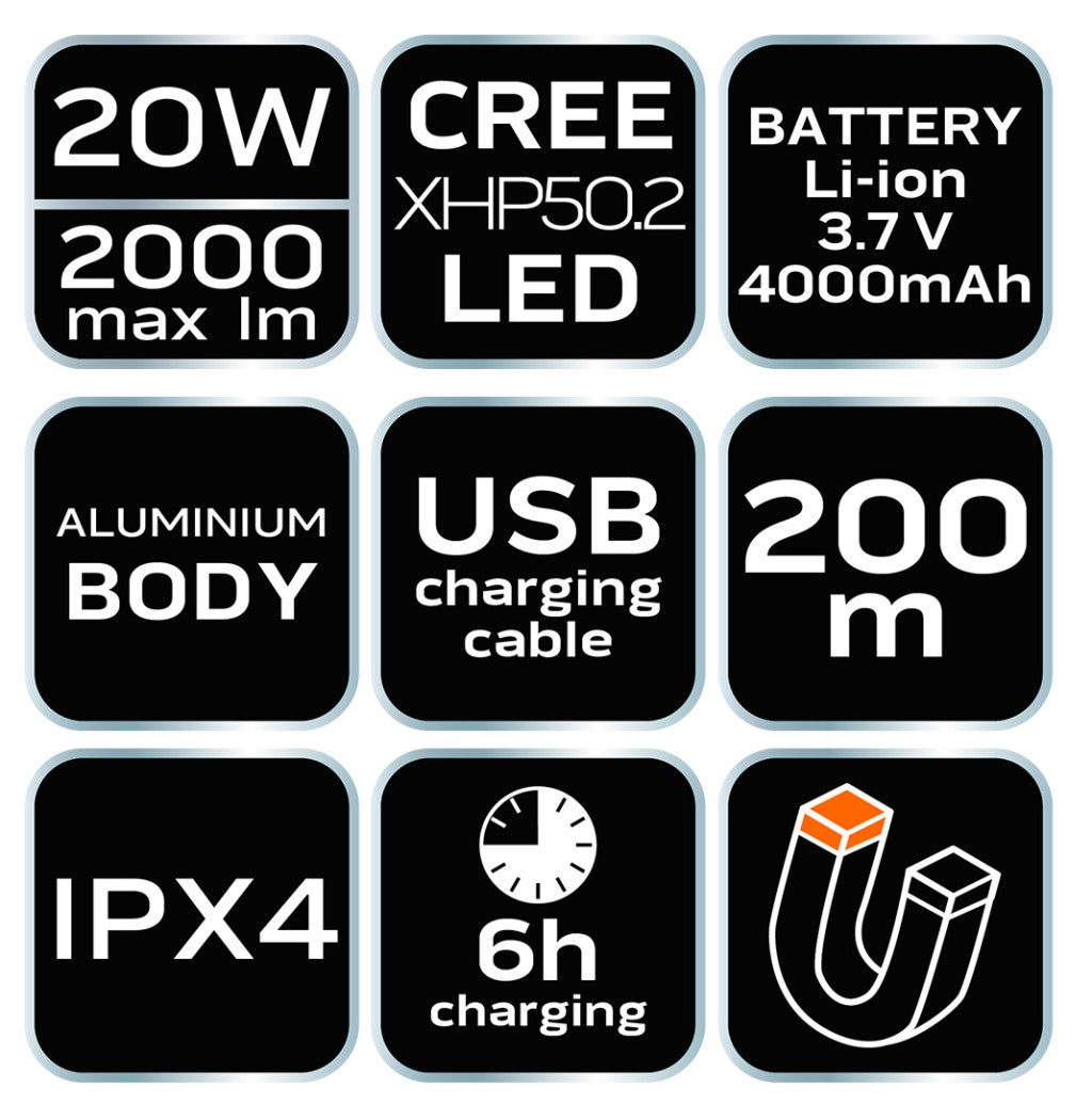 NEO TOOLS Fejlámpa + zseblámpa 2az1-ben, tölthető USB 1000lum, CREE LED, 10W 99-028