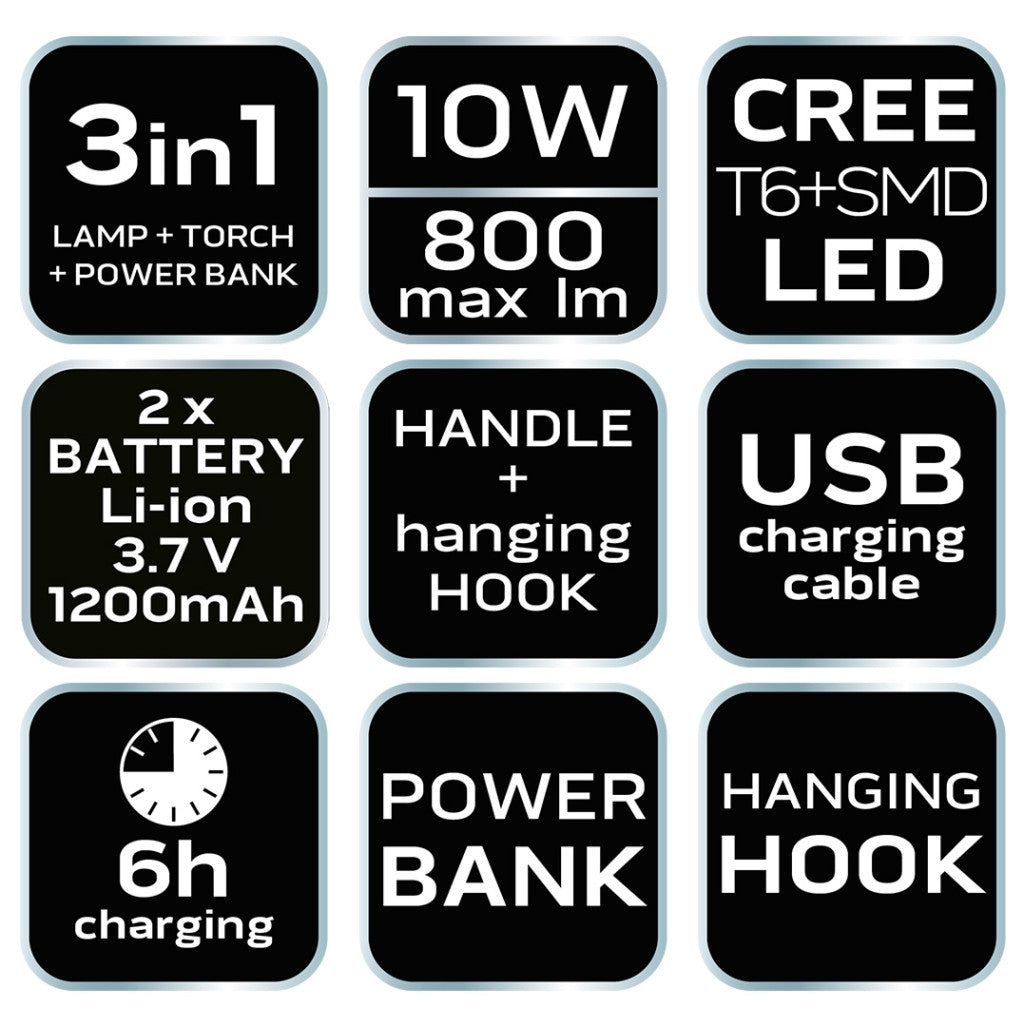 NEO TOOLS Kempinglámpa, tölthető, 3 funkciós, 800lum, CREE T6 + SMD LED, powerbank funkció, 10W 99-031