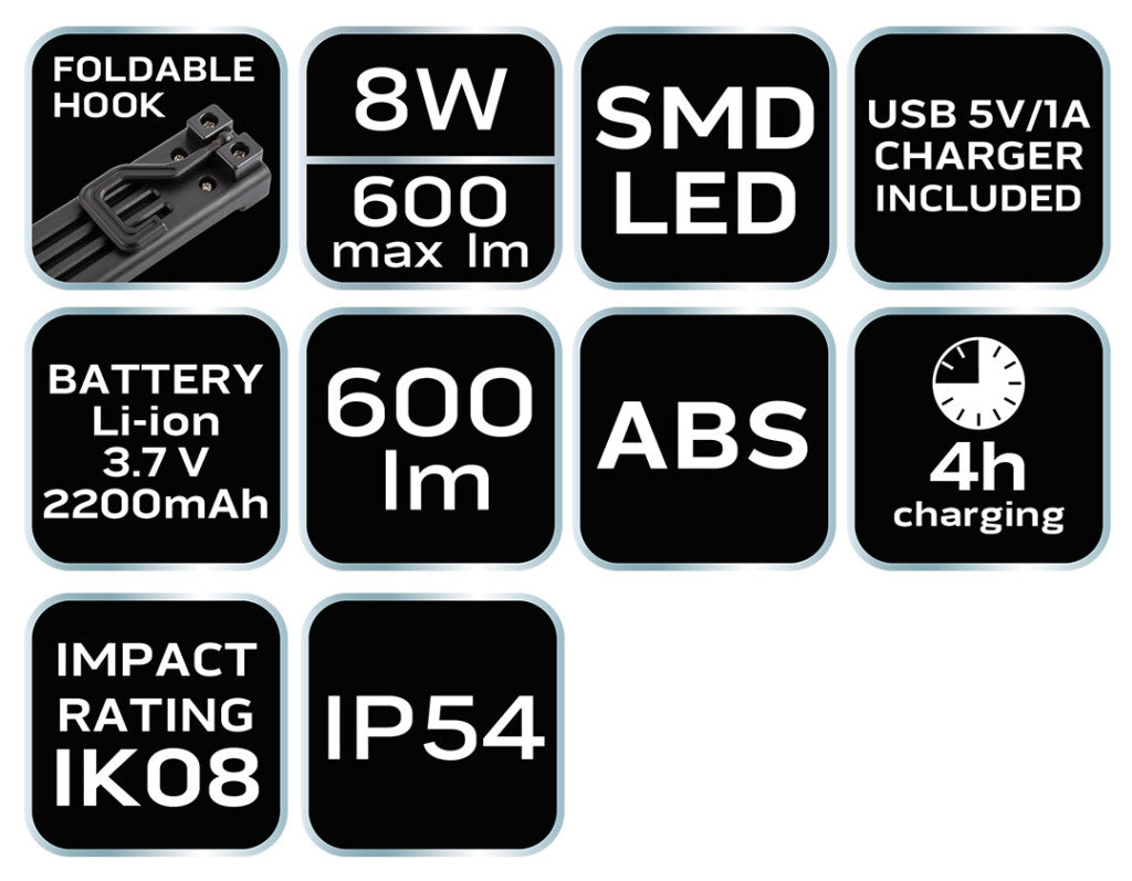 NEO TOOLS Akkus műhely-vizsgálólámpa, tölthető, 10W, SMD 600 lum 99-043