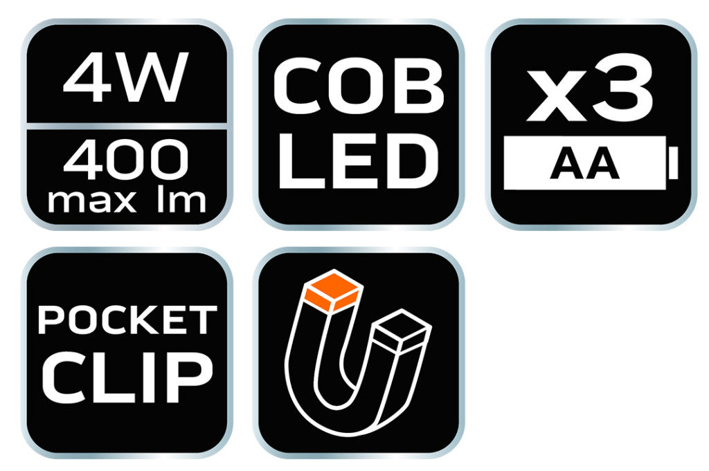 NEO TOOLS Műhely-vizsgálólámpa, elemes 3xAA, 400lum COB LED, 4W 99-045