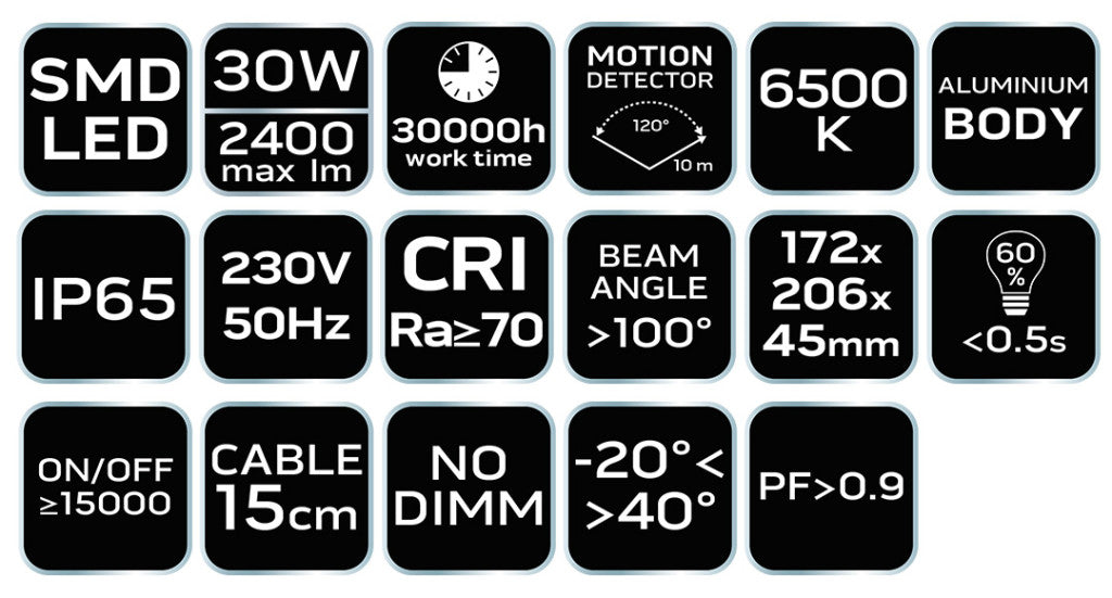 NEO TOOLS Reflektor, mozgásérzékelős, 230V/30W, 2400 lum, SMD led 2 év garanciával 99-049