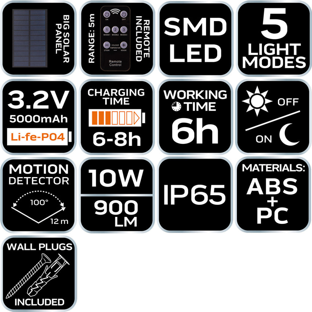 NEO TOOLS Napelemes fali reflektor távirányítóval, mozgásérzékelő, SMD LED 900 lum 99-091