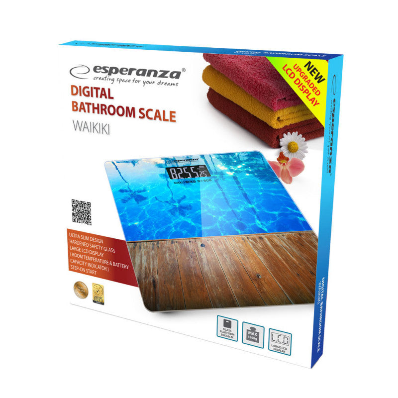 Esperanza digitális fürdőszobai mérleg - Waikiki design, üveg felülettel, 150 kg-ig mérés, LCD kijelzővel - EBS011