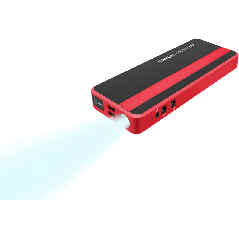 EXTOL PREMIUM autós indító, benzin- és dízelmotorokhoz., beépített 18000 mAh Li-polimer akkuval + power bank 5V és 19V, "bikázó", 700A
