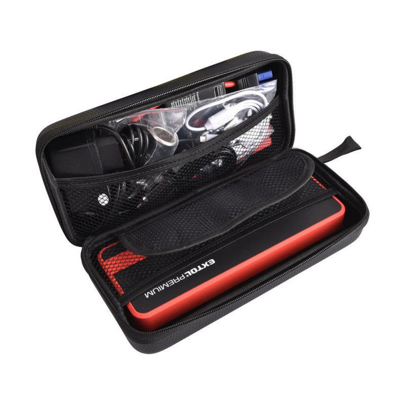 EXTOL PREMIUM autós indító, benzin- és dízelmotorokhoz., beépített 18000 mAh Li-polimer akkuval + power bank 5V és 19V, "bikázó", 700A