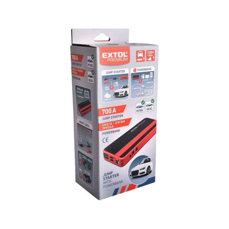 EXTOL PREMIUM autós indító, benzin- és dízelmotorokhoz., beépített 18000 mAh Li-polimer akkuval + power bank 5V és 19V, "bikázó", 700A