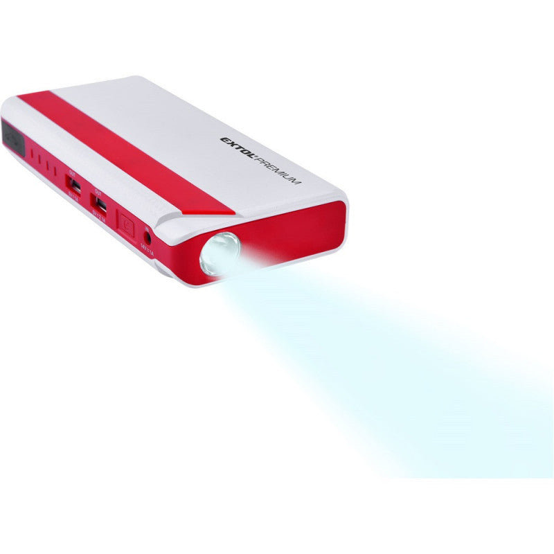 EXTOL PREMIUM autós indító, benzinmotorokhoz, beépített 9000 mAh Li-polimer akkuval + power bank 5V, "bikázó", 400A