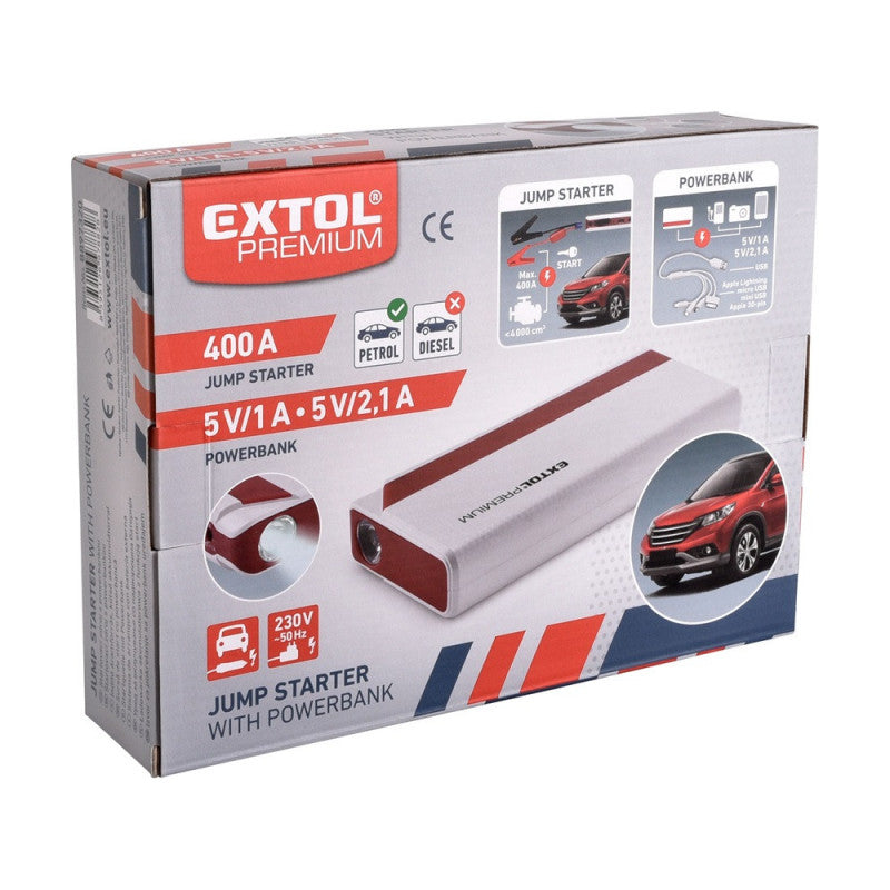 EXTOL PREMIUM autós indító, benzinmotorokhoz, beépített 9000 mAh Li-polimer akkuval + power bank 5V, "bikázó", 400A